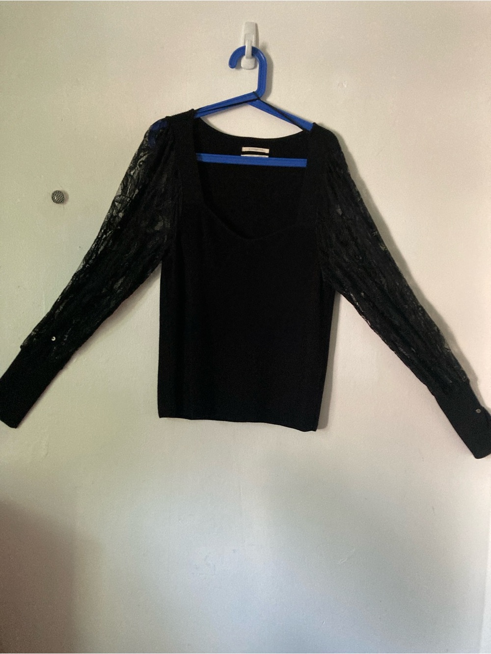 Anthropologie Black V-Neck Sweater with Lace Sleeves